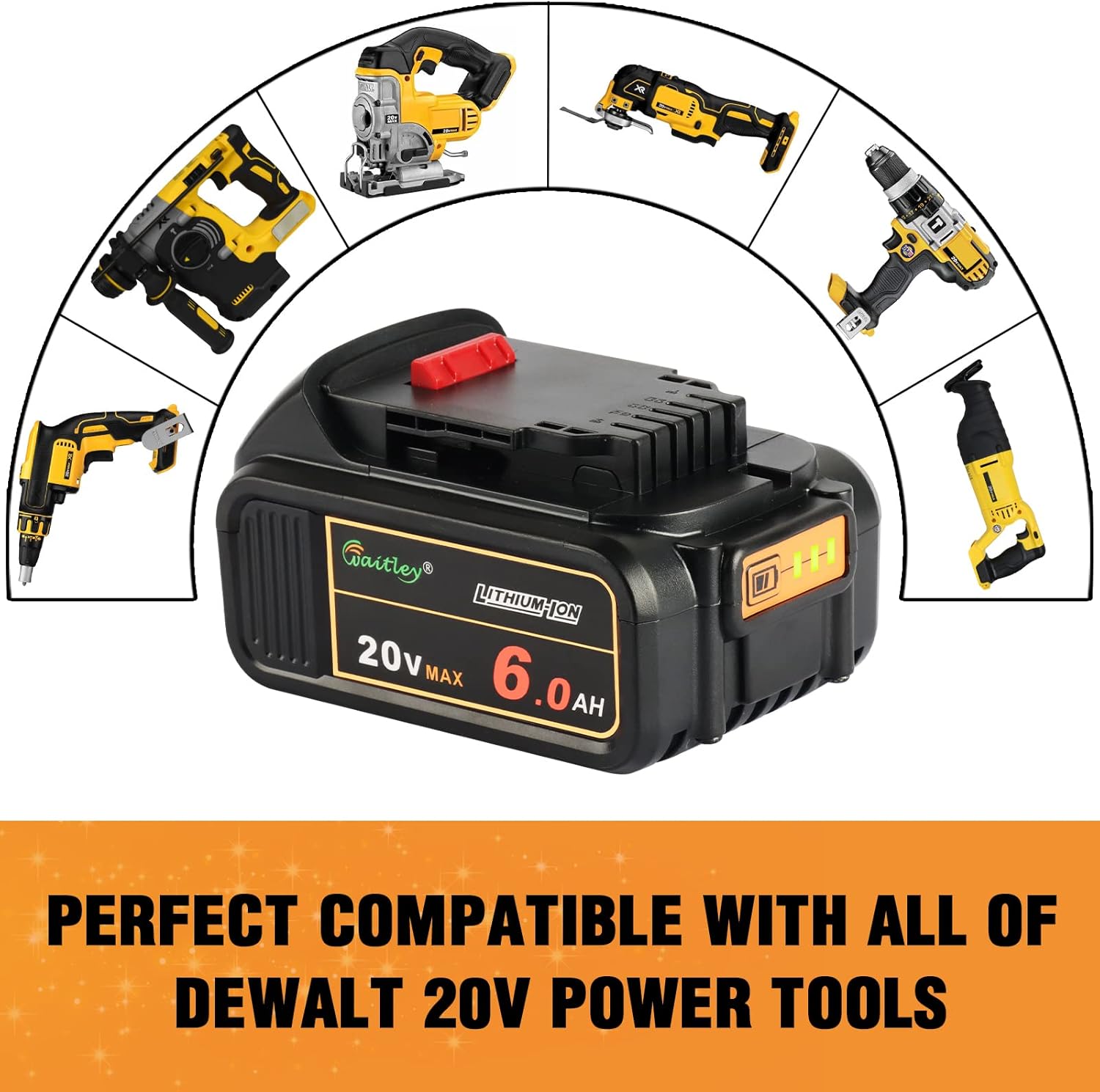 waitley 2 -Packs 20V MAX 6.0Ah DCB206 Replacement Battery Compatible with Dewalt 20V Battery DCB200 DCB203 DCB204 DCB205 DCB206 20V DCD/DCF/DCG/DCS Series Cordless Power Tool Pack of 2