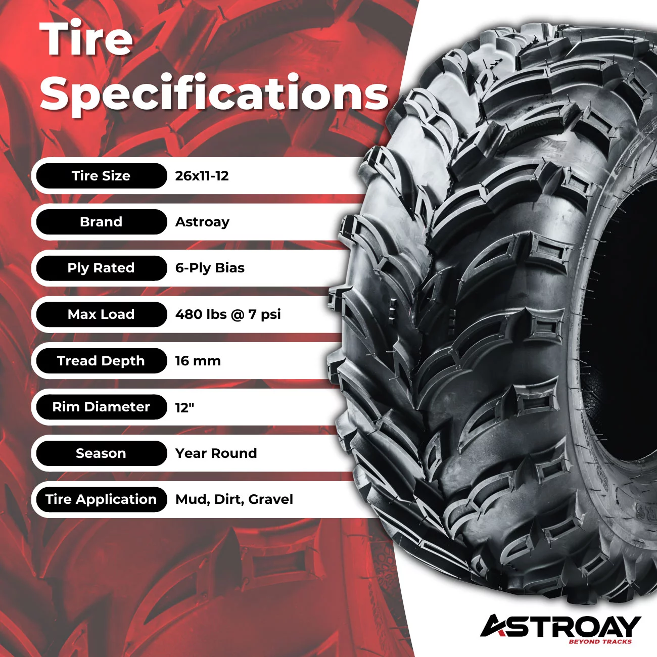 26 x 11 - 12 Astroay Mars-A Utility ATV/UTV Tire