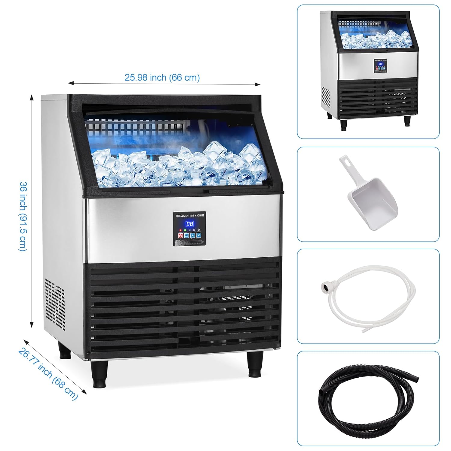 Upgraded Commercial Ice Maker Machine, 300Lbs/24h with 100lbs Storage Bin/Ice Scoop/Blue Light, Freestanding Ice Machine for Home, Restaurants, Bars, 500W