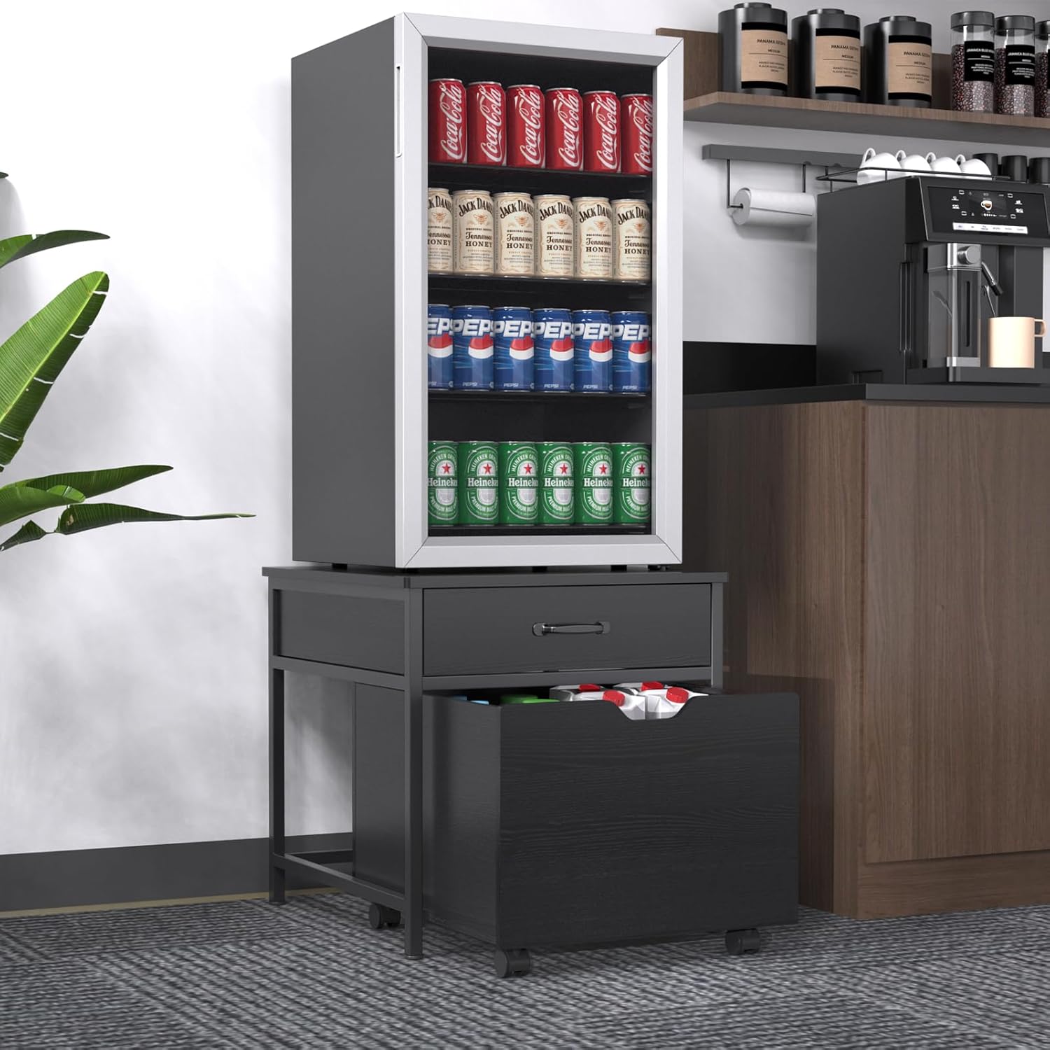 GDLF Mini Fridge Stand with Storage, Heavy Duty Mini Fridge Table with Rolling Cabinet 220LBS Capacity Tabletop for Dorm, Apartment,Office, Bedroom