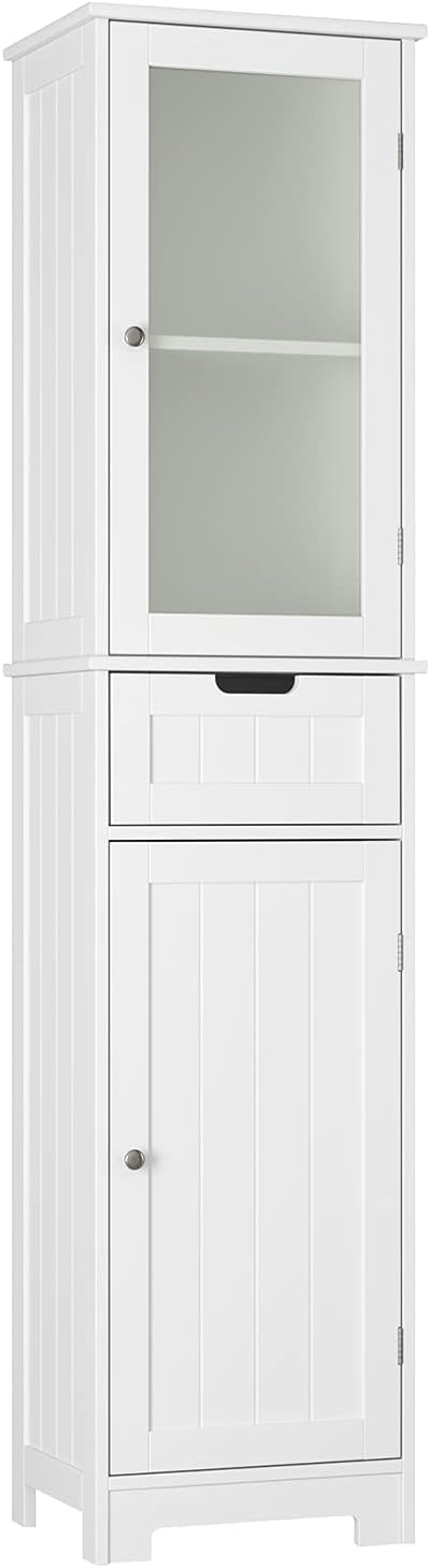 Bathroom Storage Cabinet, Tall Freestanding Cabinet with Door and Drawer, Narrow Slim Tower Cabinet with Adjustable Shelves for Home Office, White