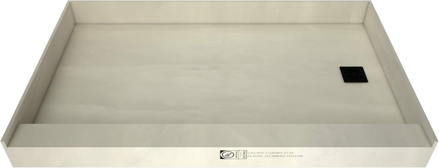 Tile Redi T4260R-SCDNPVZ Shower Pan Kit with Flashing, Right Drain- Single Curb Shower Base, 2" PVC Drain and Grate Included, 60" Width x 42" Depth