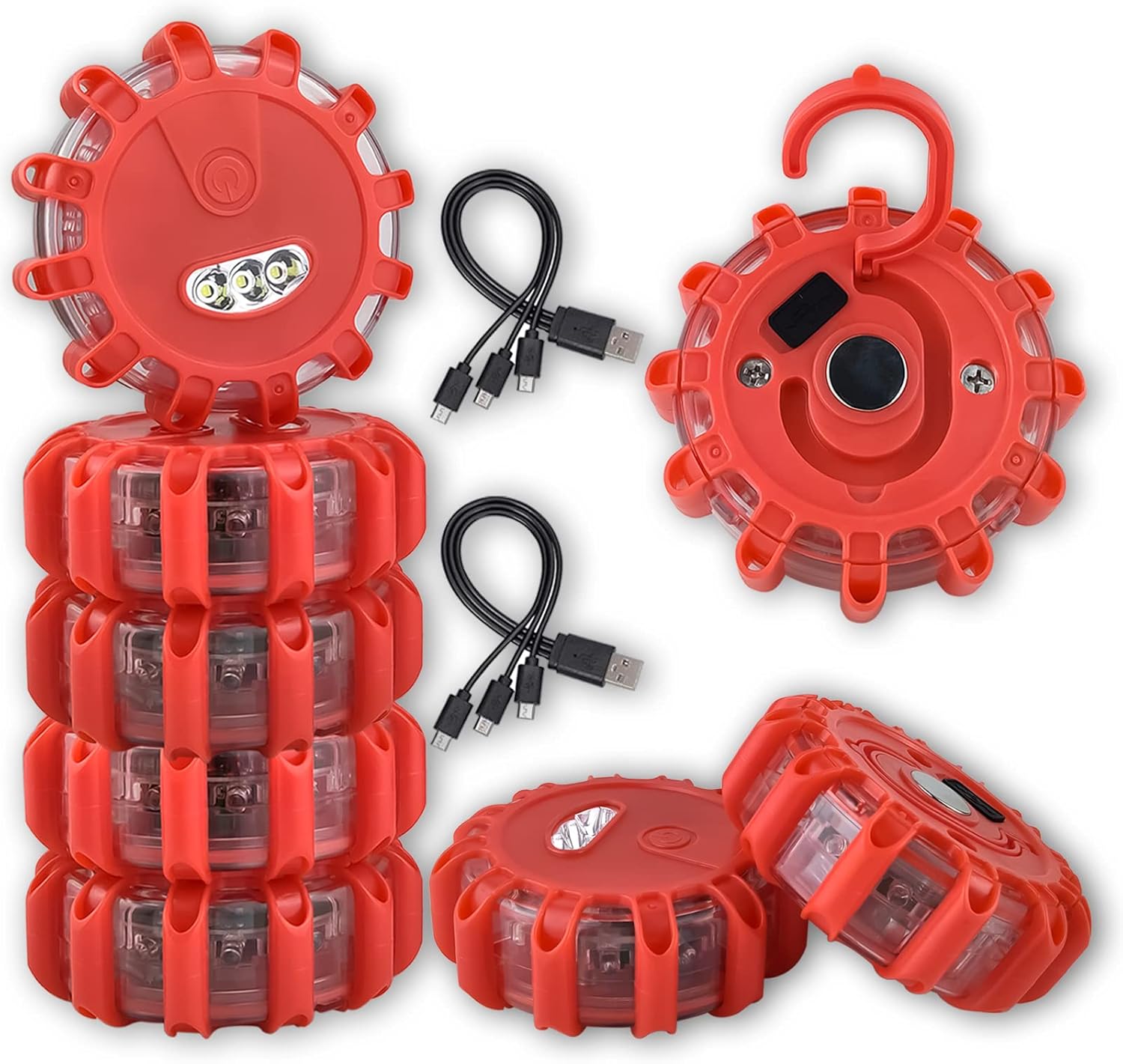 8 Pack Rechargeable LED Road Flares Roadside Emergency Car Kit, Emergency Lights for Vehicles with Magnetic Base & Hook, 3 in 1 USB Cable Included