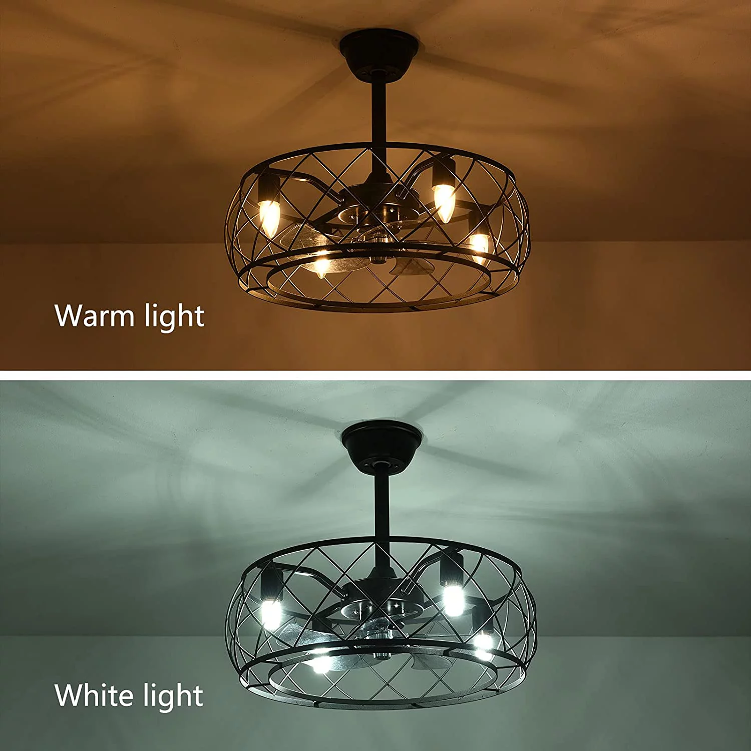 Miumaeov 18 Inch Enclosed Ceiling Fan with Light and Remote Control 3 Wind Speed Timing Smart Ceiling Fan Chandelier Iron Frame Black