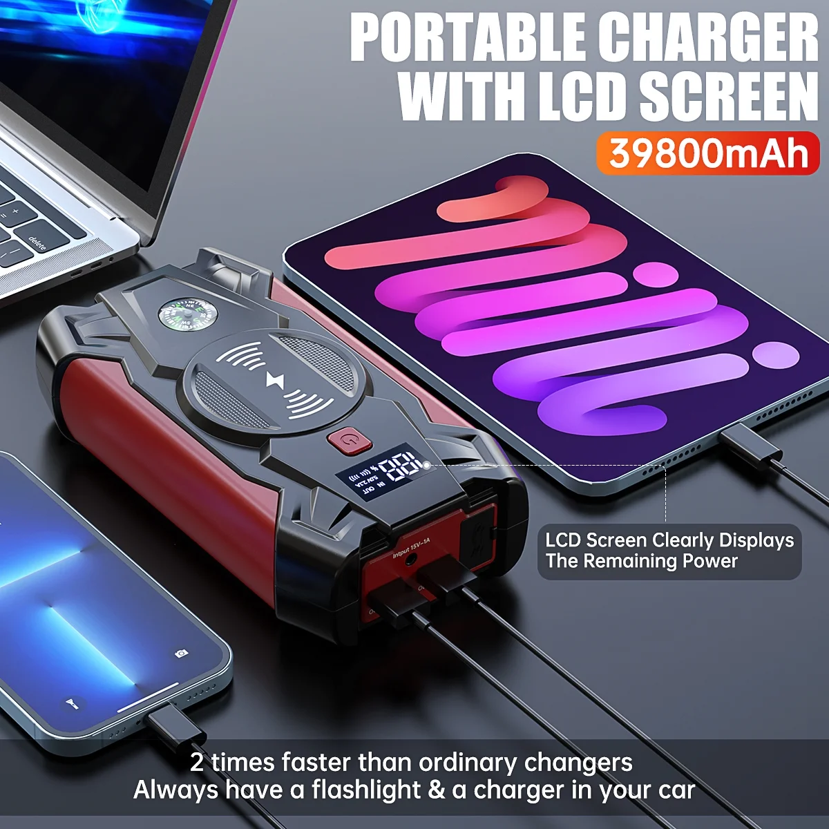 Car Jump Starter w/Wireless Changing, 4000A Peak 39800mAH Battery Jump Starter(Up to 8.0L Gas or 6.5L Diesel), 12V Auto Battery Booster w/ LCD Display & 4 LED Modes, Portable Power Bank Charger&QC 3.0