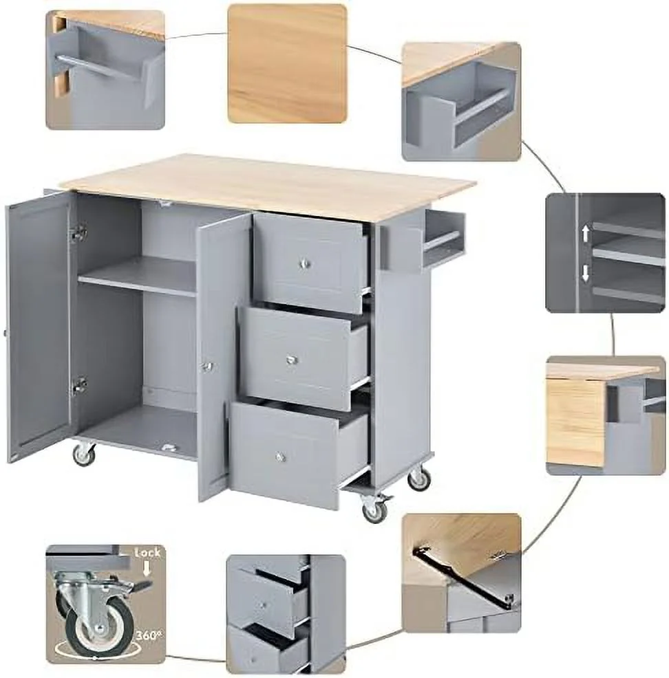 Rolling Kitchen Island Cart on Wheels with Drop Leaf and 3 Drawers  Mobile Portable Kitchen Island Table with  Cabinet  Towel and Spice Rack  for Living Room Dinning Room (Black) - Curated Treasures Market