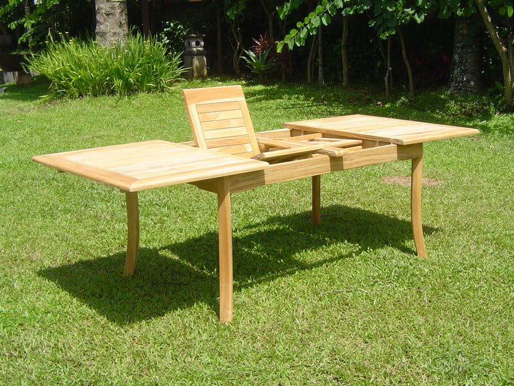 Teak Dining Set:6 Seater 7 Pc - 94" Double Extension Rectangle Table, 5 Wave Stacking Arm Chairs with 55" Backless Bench Outdoor Patio Grade-A Teak Wood WholesaleTeak #WMDSWV8