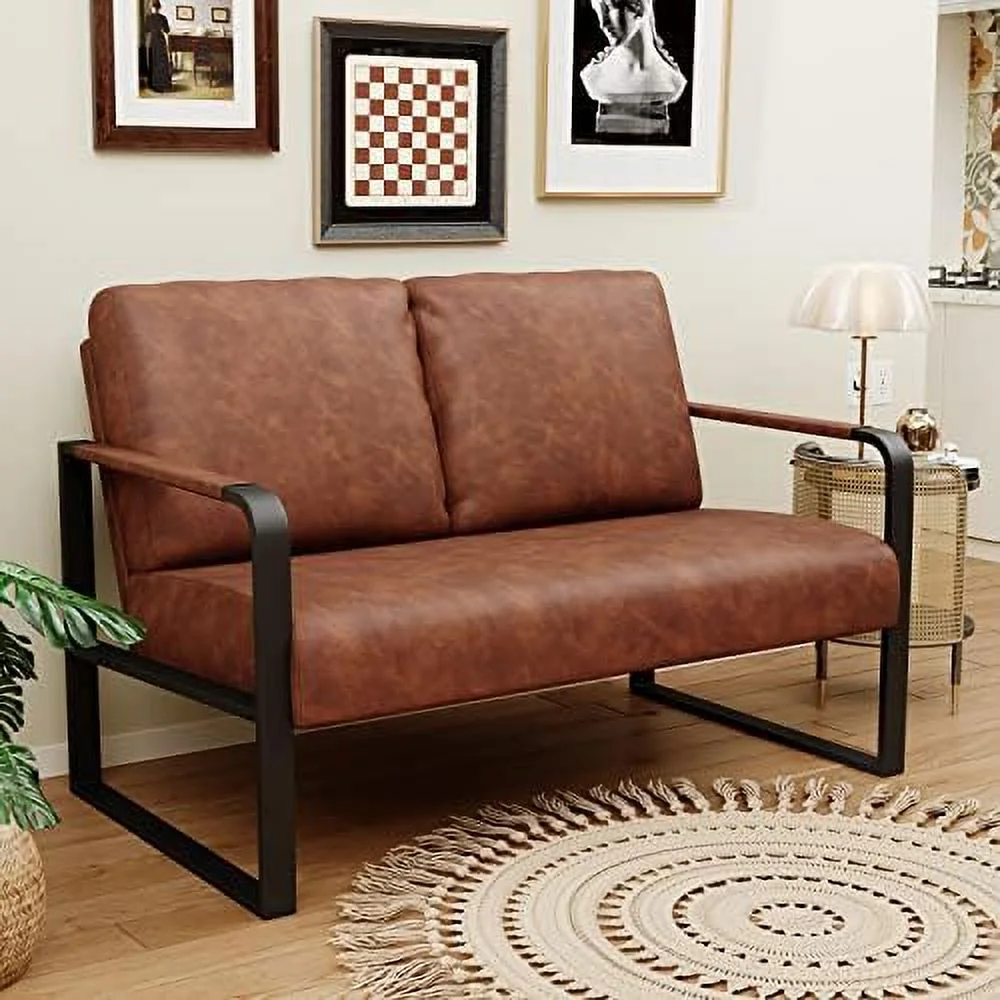 xrboomlife Love Seat Mini Couch Small Settee Loveseat Bench for Living Room  Faux Leather Loveseat Sofa Small Sofa Couches for Small Spaces with Padded Cushion  Mid Century Modern Dark Br