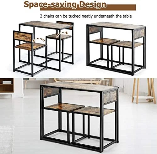 xrboomlife 3 Piece Dining Set  Industrial Dining Table with 2 Chairs  Small Kitchen Table Set with Metal Frame  Compact Bistro Table Set  Pub Breakfast Table for Small Space  Apartment (A