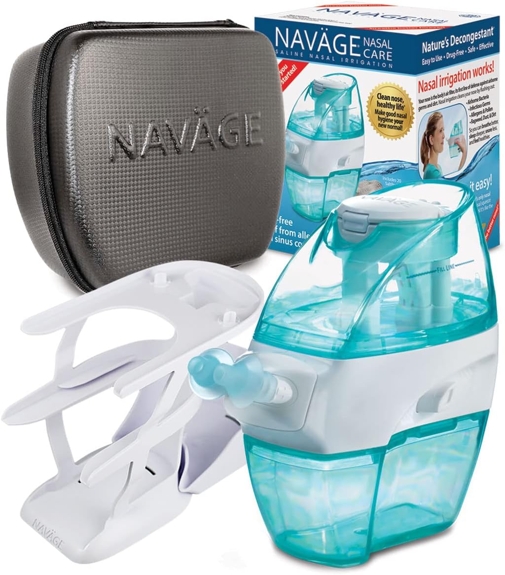 Navage Essentials Bundle - Navage Nasal Irrigation System - Saline Nasal Rinse Kit with 1 Navage Nose Cleaner, 30 SaltPods, Countertop Caddy and Black Travel Case