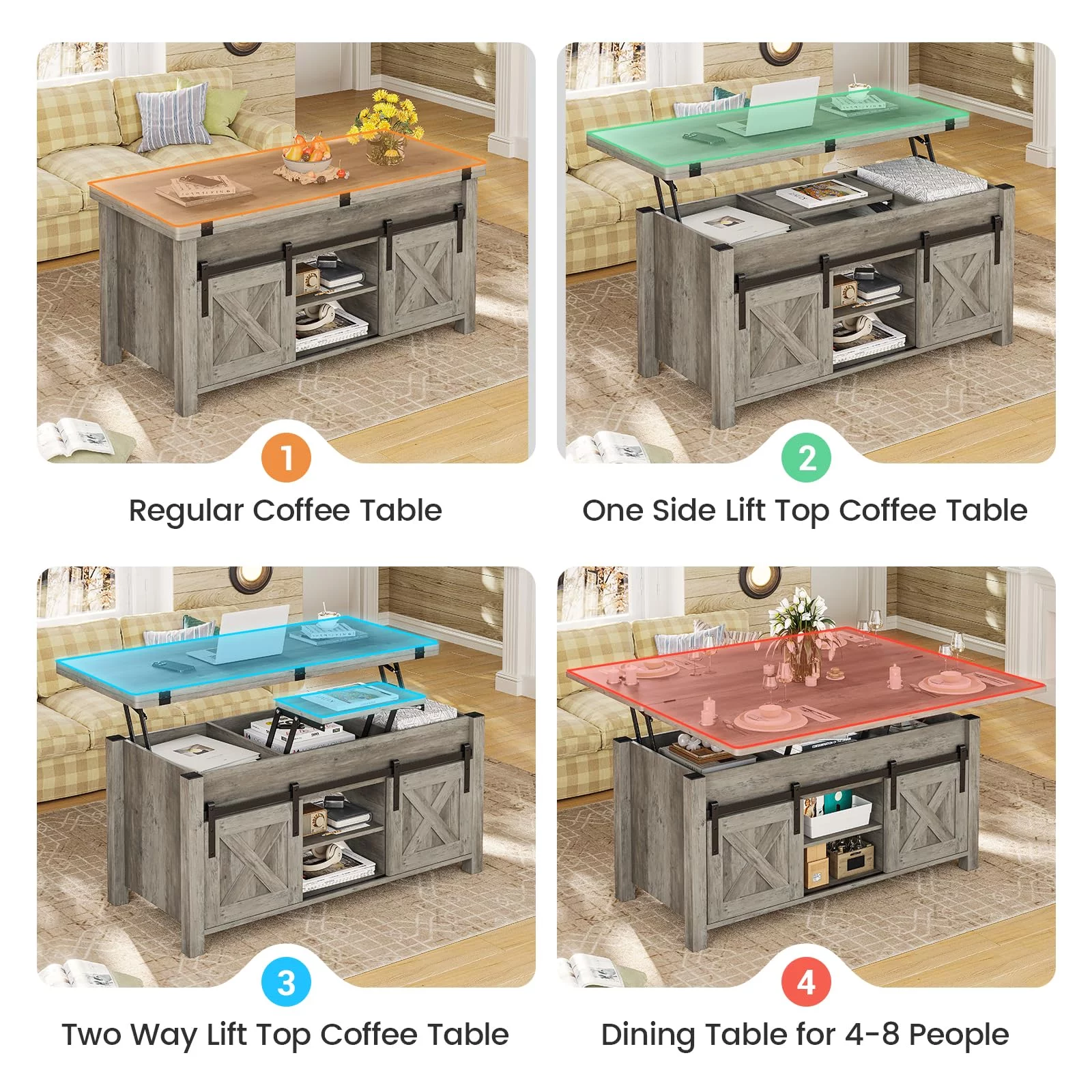Lift Top Coffee Table with Storage,4 in 1 Multi-Function Convertible Coffee Tables with Hidden Storage Compartment, Farmhouse Dining Table for Living Room, Grey - Curated Treasures Market
