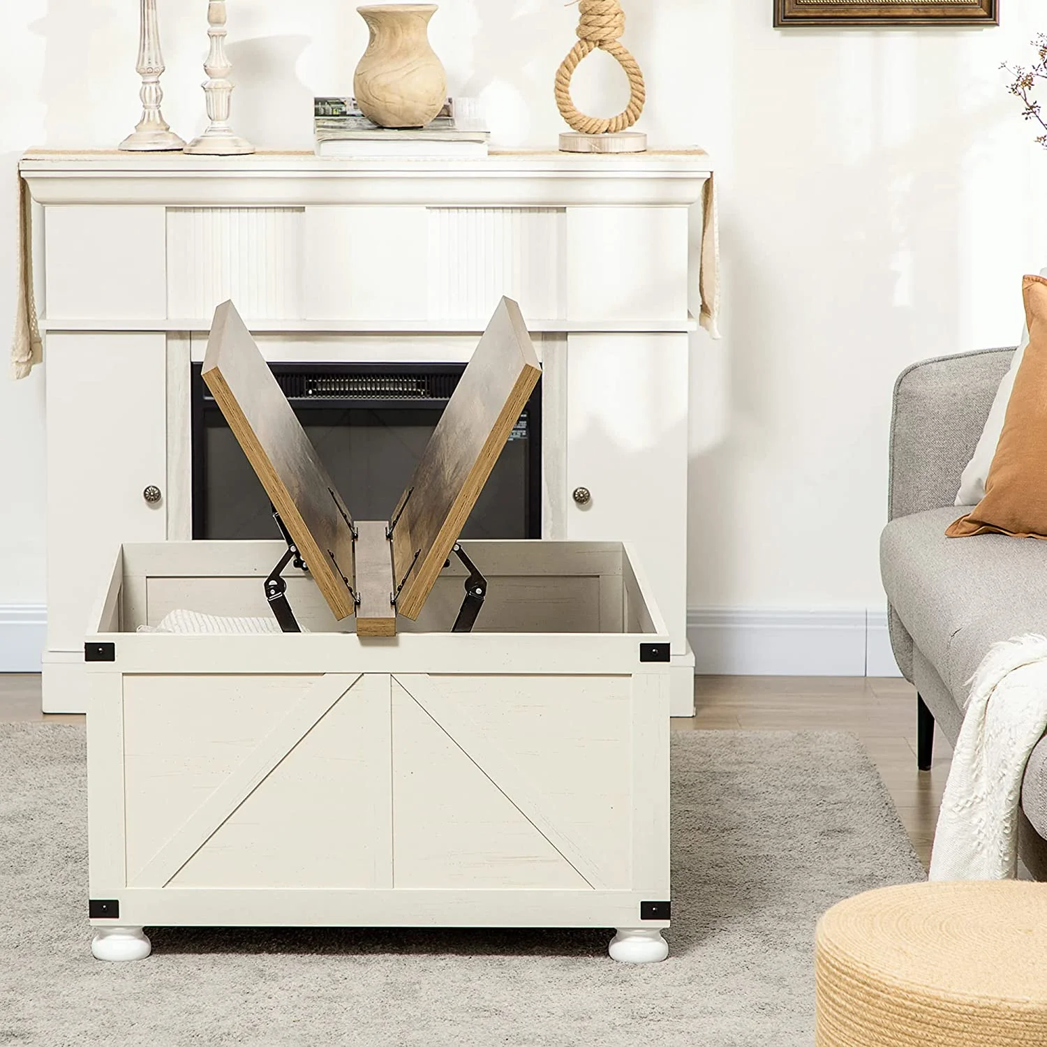 Farmhouse Coffee Table with Storage, Square Coffee Table for Living Room, Wooden Center Table with Hinged Lift Top and Hidden Space, Antique White