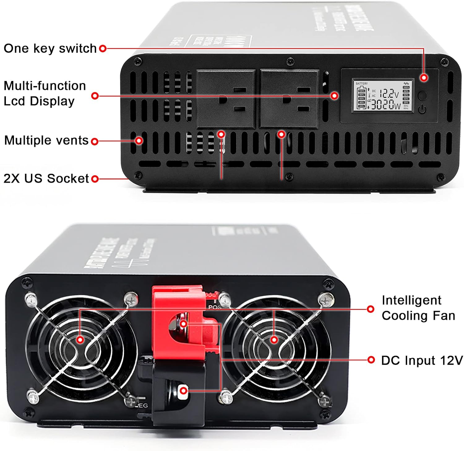 Pure Sine Wave Inverter 2000W Peak 4000W Power Inverter DC 12V to AC 110V 120V with 2 AC Outlets LCD Display for Home Solar System Car Truck RV Professional-Grade Voltage Converter Sine Wave Inverter