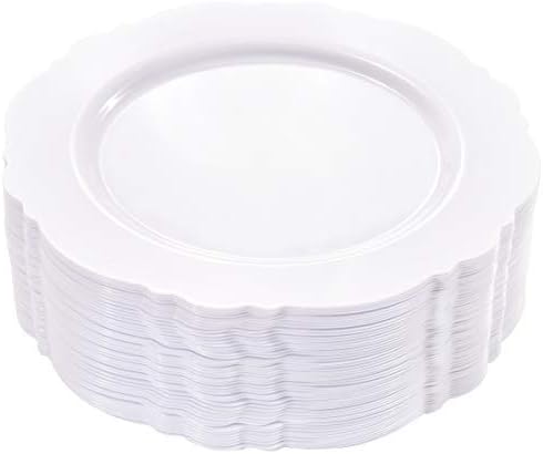 WDF 60pcs White Plastic Plates -10.25inch Baroque White Disposable Dinner Plates for Upscale Parties &Wedding