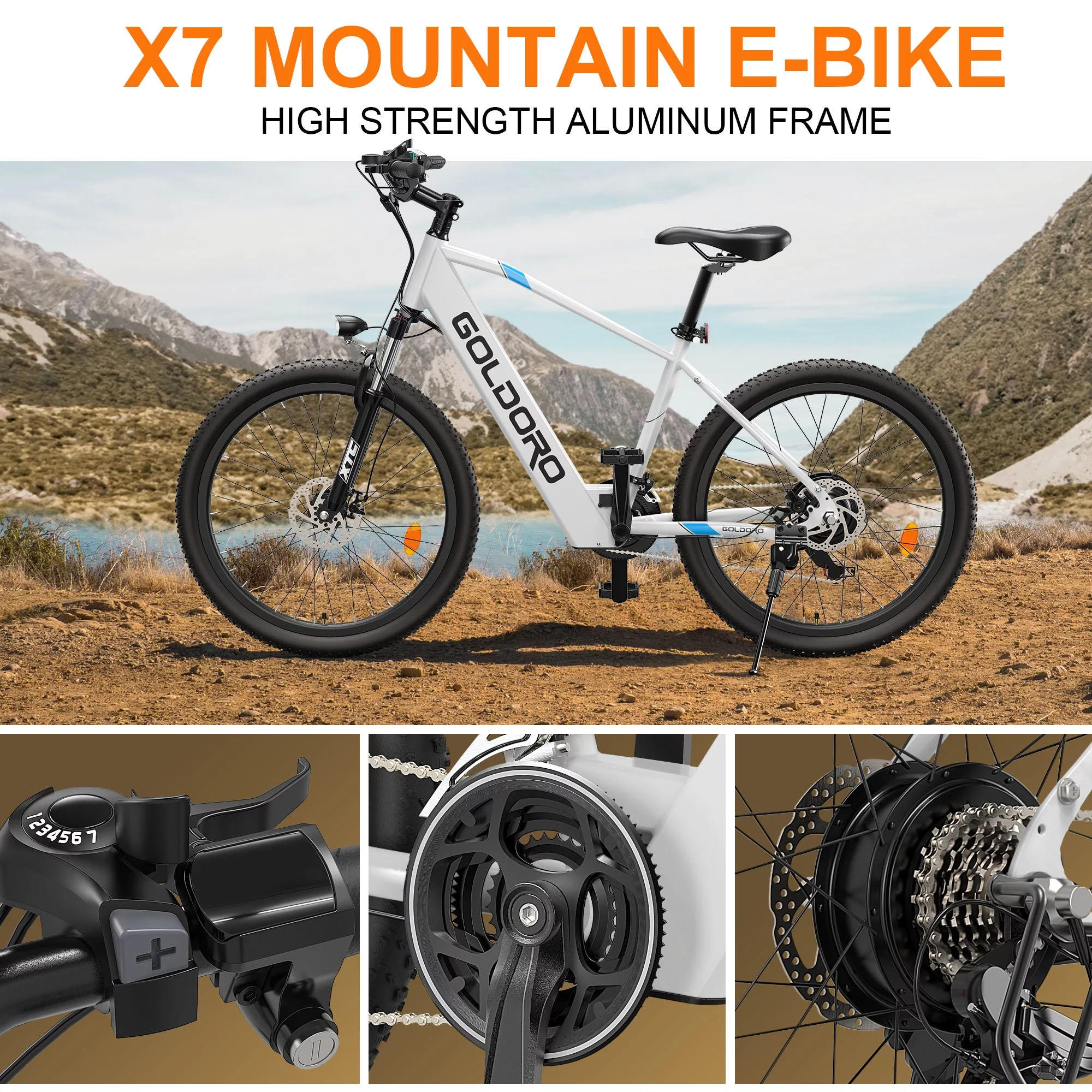 Goldoro Electric Bike 26" X7 Aluminum Alloy Mountain Bike for Adults 250W/36V, Max 18 mph, 21 Speed