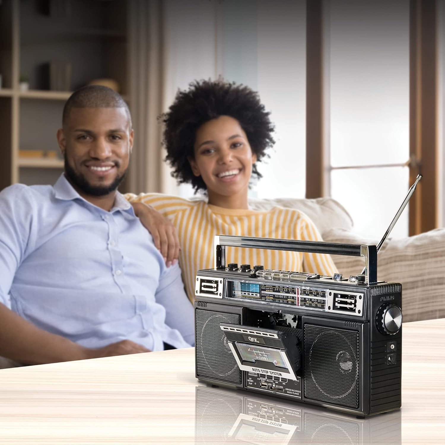QFX J-220BT ReRun X Cassette Player/Recorder Boombox 4-Band (AM, FM, SW1, SW2) Bluetooth Portable Recording Boombox with Dual 3” Speakers, Built-in Microphone, 3-Band Equalizer Pack of 2