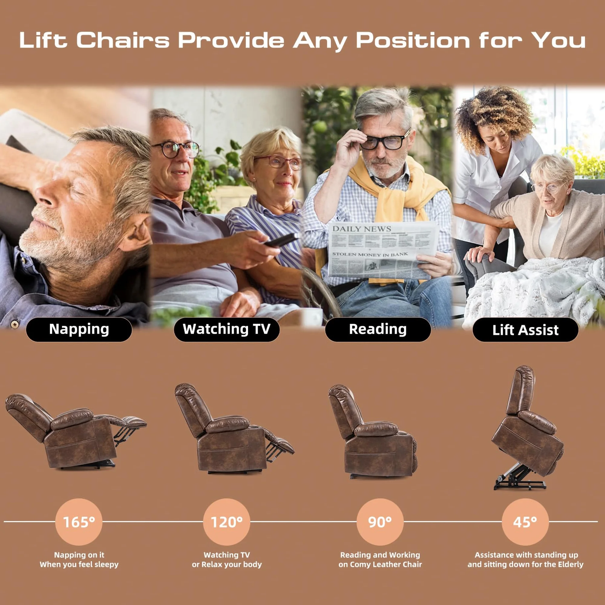 SONORO KATE Large Power Lift Recliner for Elderly with Massage and Heat, 41" Wide Breathable Leather Chair, Brown
