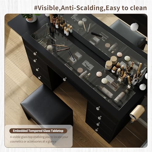 Vanity Desk with Power Outlet, 9 Drawers Makeup Vanity with Mirror and 12 LED Lights, 3 Lighting Modes, Glass Top Vanity Set, Fold-up Panel, Dressing Table for Bedroom