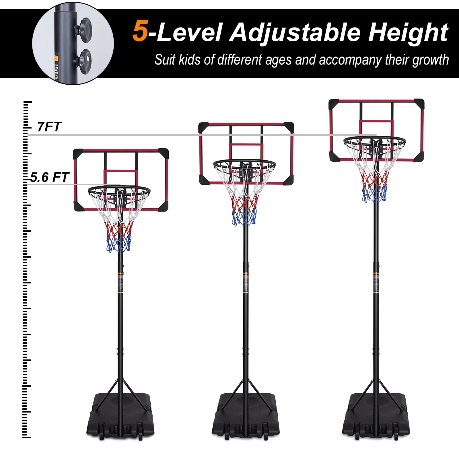 HooKung Portable Basketball Hoops Height Adjustable 5.6ft -7ft Basketball System 28'' Backboard with Wheels for Teenagers Youth Indoor Outdoor Use