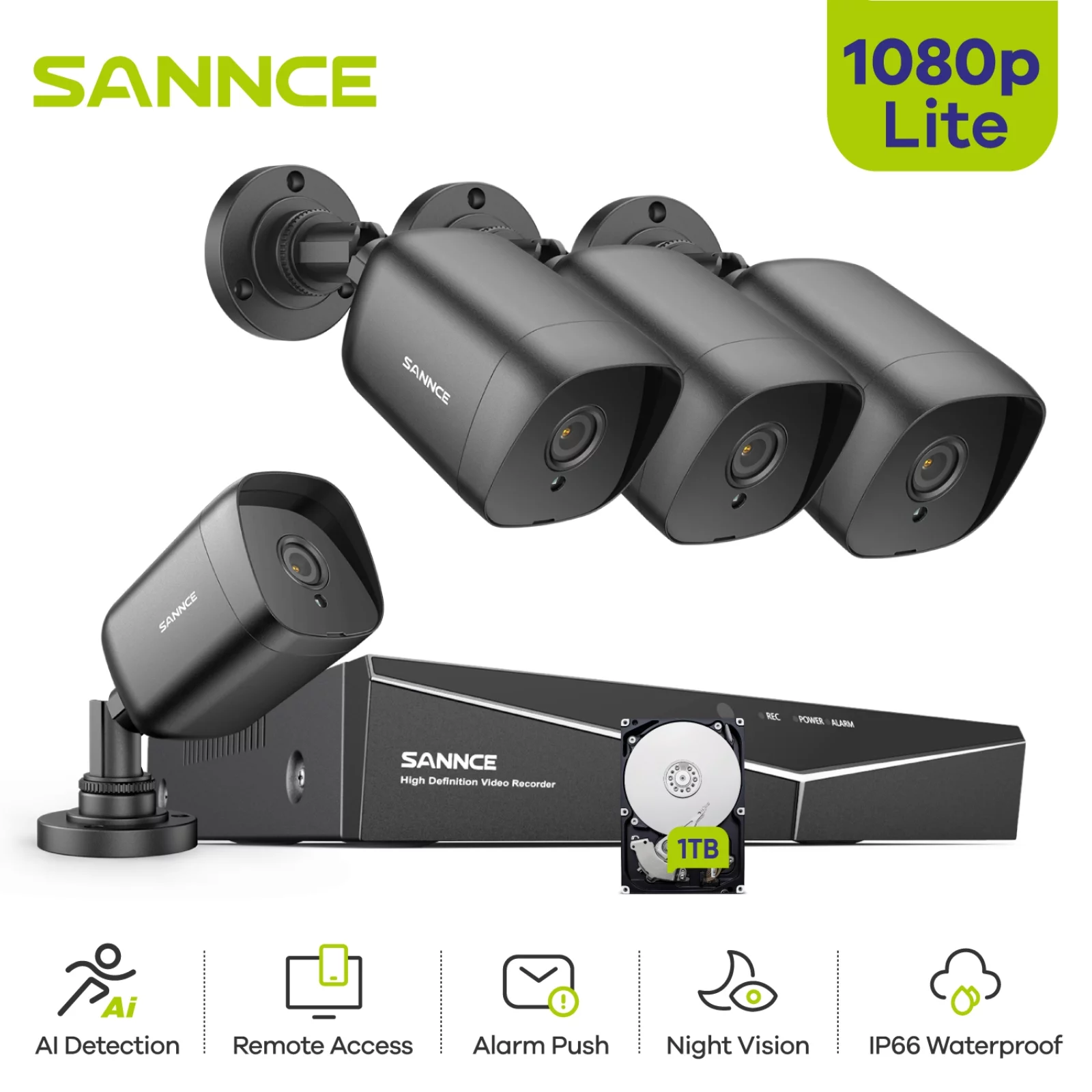 SANNCE 4CH 1080P 5in1 DVR Home Video Surceillance 4Pcs 2.0MP Night Vision Security Camera System 1TB HDD,Wired CCTV - Curated Treasures Market
