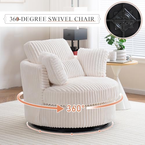Chair and A Half with Ottoman, 360° Swivel Accent Barrel Chair Modern Comfy Round Reading Sofa Swivel Chairs Circle Lounge Chair for Bedroom Living Room w/4 Pillow Lower Seating Heigh (White, Large)