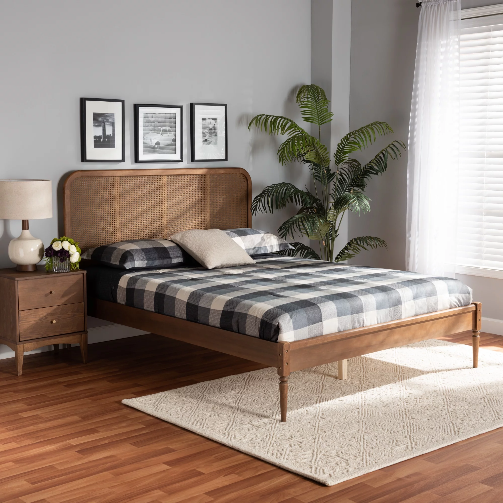 Baxton Studio Elston Mid-Century Modern Walnut Brown Finished Wood and Synthetic Rattan Queen Size Platform Bed