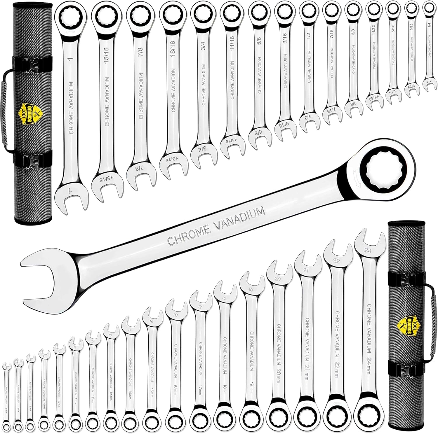 TOOLGUARDS 33pcs Ratcheting Wrench Set - Large wrench set metric and standard - Complete wrench set