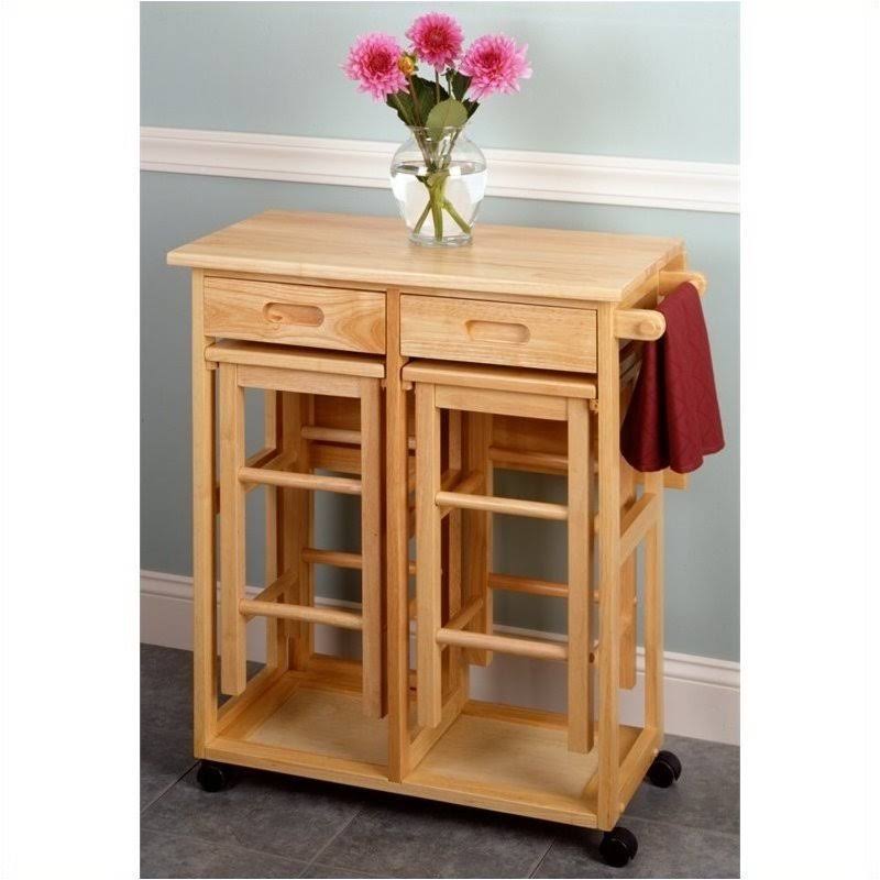 Pemberly Row Drop Leaf Table Kitchen Cart with 2 Stools in Natural
