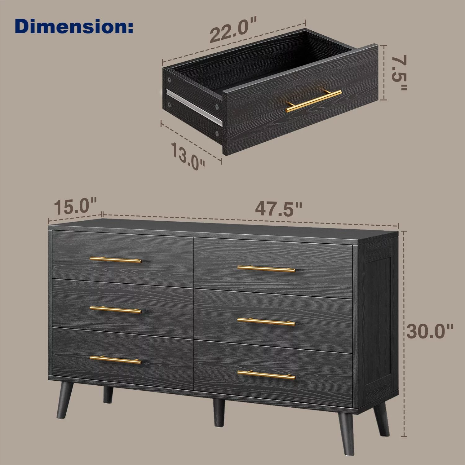 Dresser for Bedroom,Black Dresser with 6 Drawers, Wide Chest of Drawers with Gold Handles