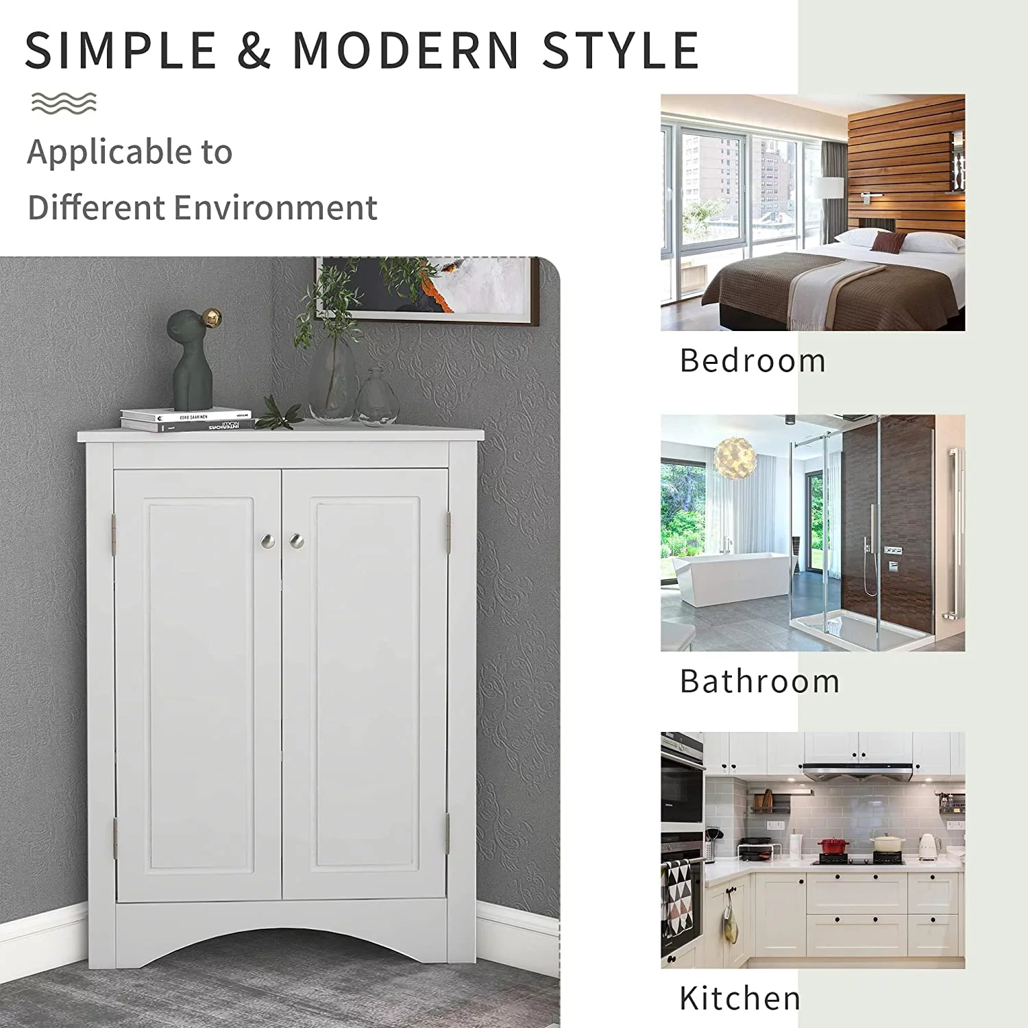 WAGEE Bathroom Corner Storage Cabinet - 2 Adjustable Shelves and 2 Doors Triangle Cabinets Furniture - Floor Cabinets Decorations for Home Kitchen Bathroom Living Room Small Space White Grey