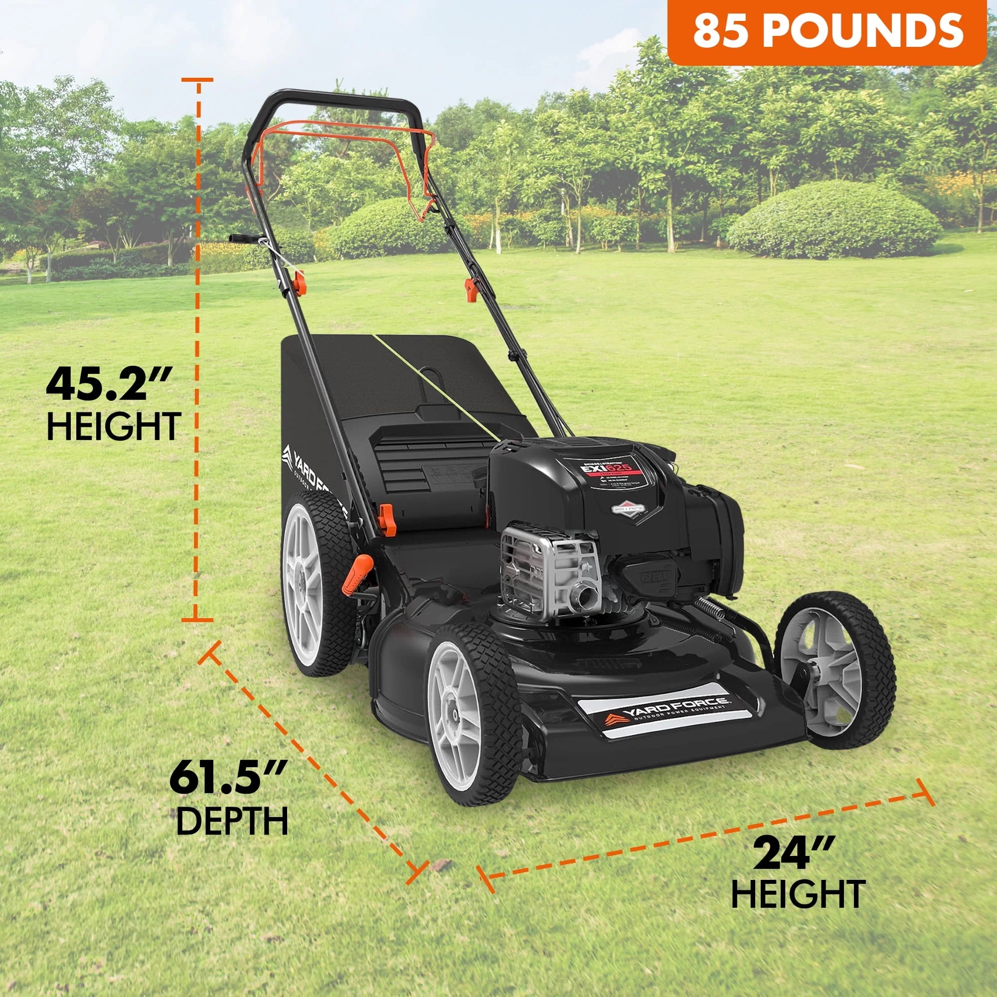 Yard Force Self Propelled Lawn Mower Briggs & Stratton 150cc Gas Engine 22-inch Steel Deck 3-in-1 mulch, bag, side discharge, 12-inch High Rear Wheels