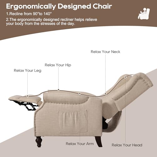 Wingback Recliner Chair with Massage and Heat, Tufted Fabric Pushback Recliner Chair, Wingback Chair with Remote Control, Padded Cushion, Wooden Legs, Small Recliners for Small Spaces