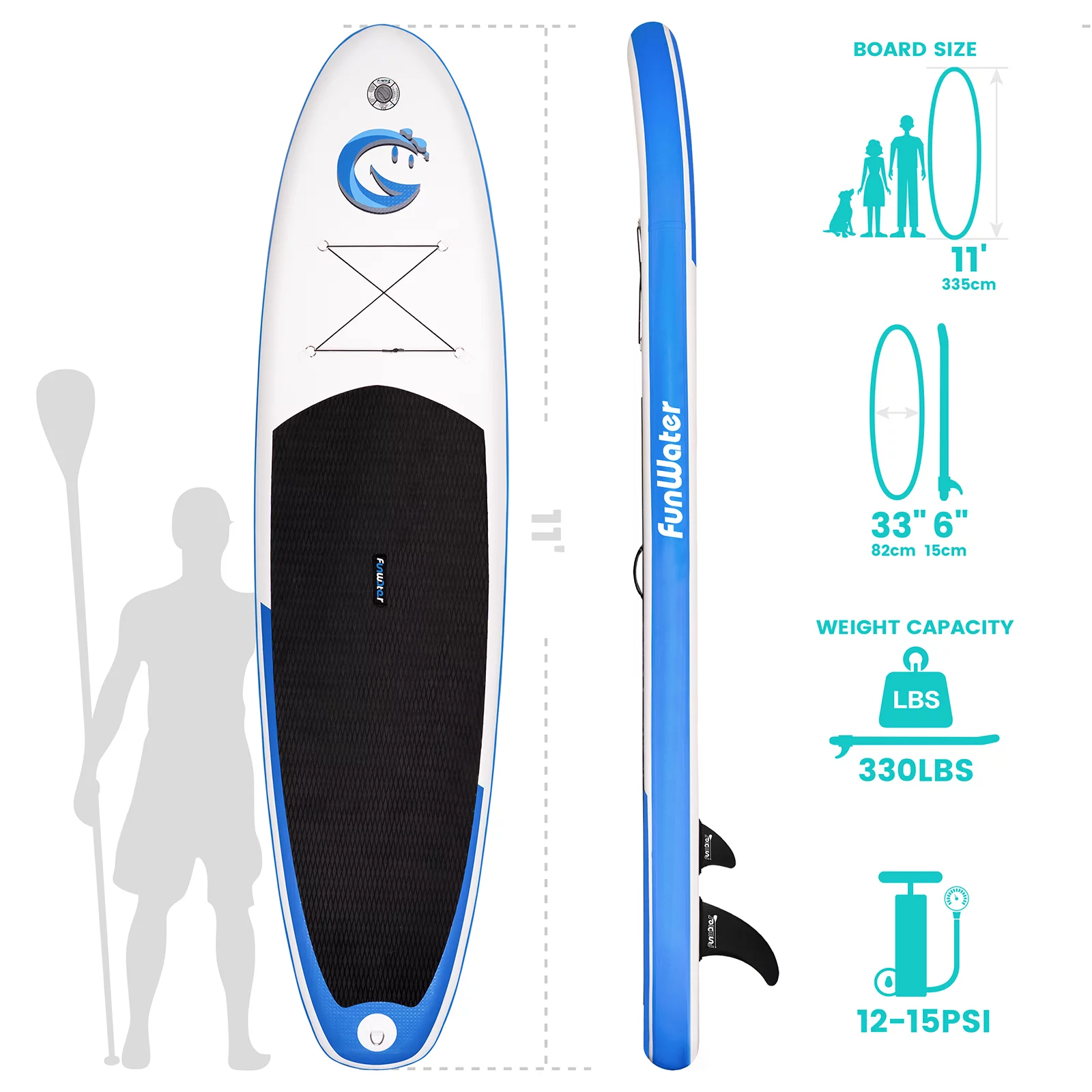 FUNWATER Stand Up Inflatable Paddle Board, SUP 11'x33''x6'' (LxWxH) with Smile Pattern Paddle Board, Advanced backpack pump, fin paddle and other accessories, Unisex