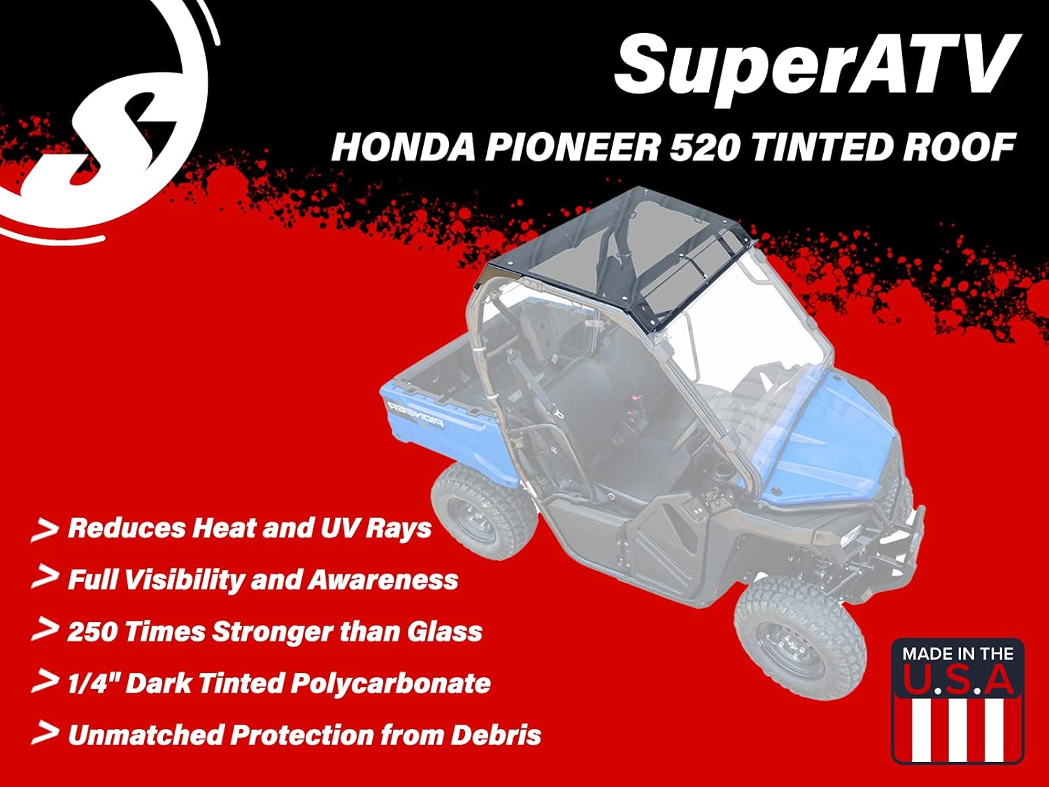 SuperATV Dark Tinted Roof for 2021+ Honda Pioneer 520 | 1/4 Polycarbonate Roof | Full Visibility and Awareness | Pioneer Roof Protects from Sun, Rain, and Debris! | Made in the USA!