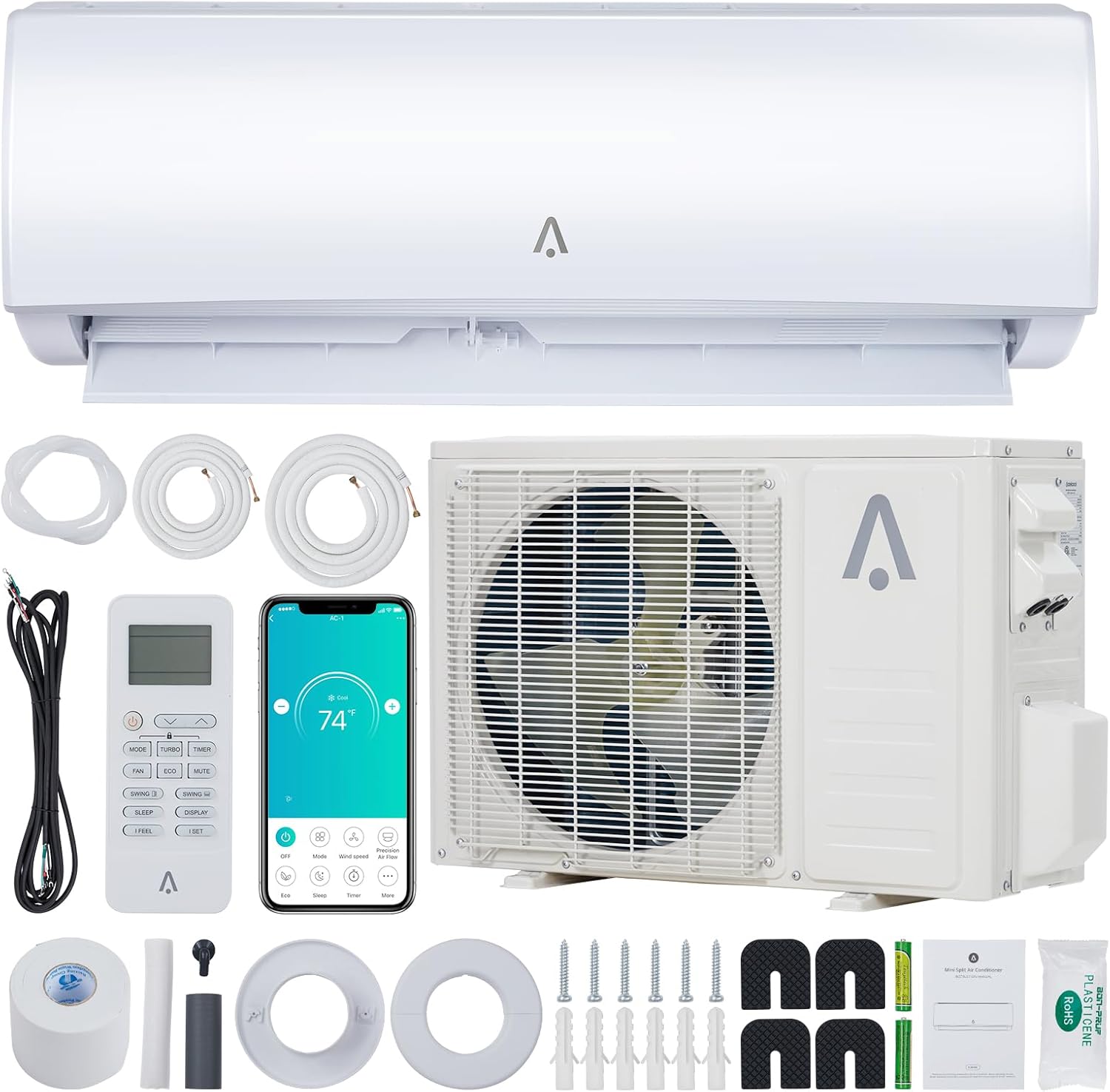 12,000 BTU Mini Split AC, 19 SEER2 Wall Mounted AC with Heat Pump & Installation Kits, Ductless Inverter Split-System Air Conditioners Cools up to 550 Sq. Ft, WIFI and Remote Control, 115V