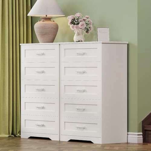 White Wood Dresser for Bedroom with 5 Drawers, Tall Storage Chest of Drawers, Modern Solid Wood Dresser Cabinet for Closet, Nursery, Entryway, Girls Room, Kids Room, Hallway, Living Room