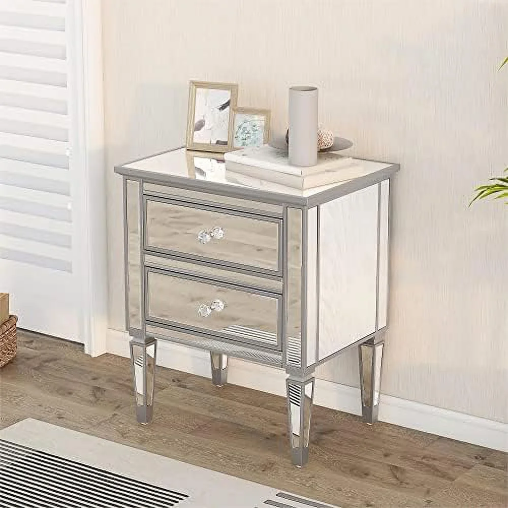 Mirrored Nightstand with 2 Drawers  Accent Side Table with Crystal Knobs  Modern End Table  Silver Finished Nightstand for Bedroom  Living Room