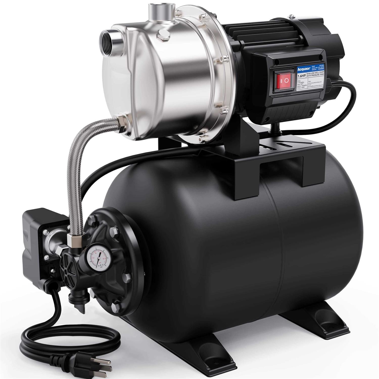 Acquaer 1.6HP Shallow Well Pump with Pressure Tank Stainless Steel 1320GPH 115V Irrigation Pump - Shop Hardware Tools Online Store