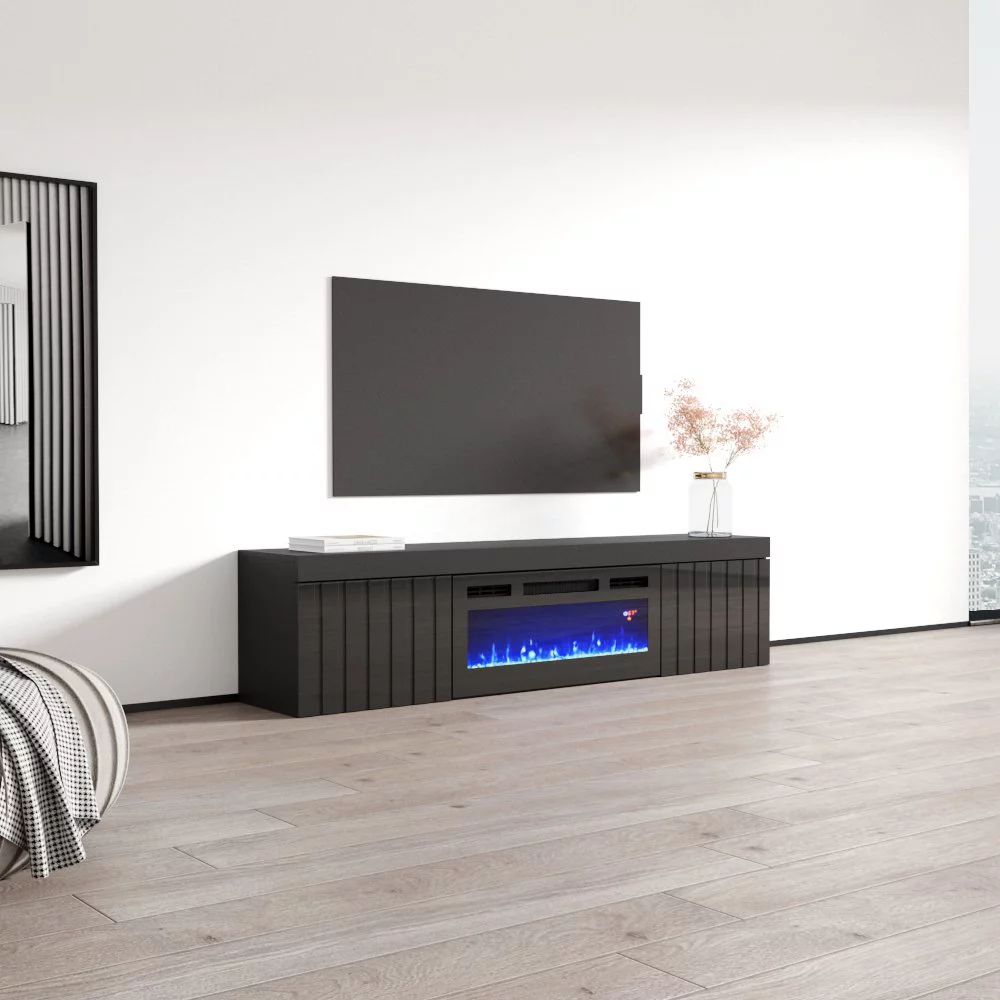 Knoxville BL-EF Floating Fireplace TV Stand for TVs up to 80", Modern High Gloss 71" Entertainment Center, Wall Mounted Electric Fireplace TV Media Console with Storage Cabinets
