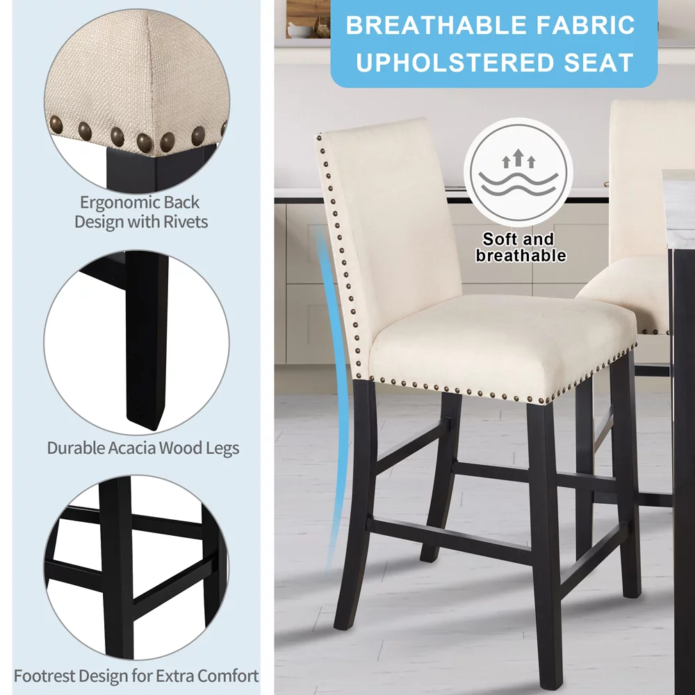 5 Pieces Counter Height Faux Marble Modern Dining Set with 4 Upholstered Chairs for Small Space,Beige
