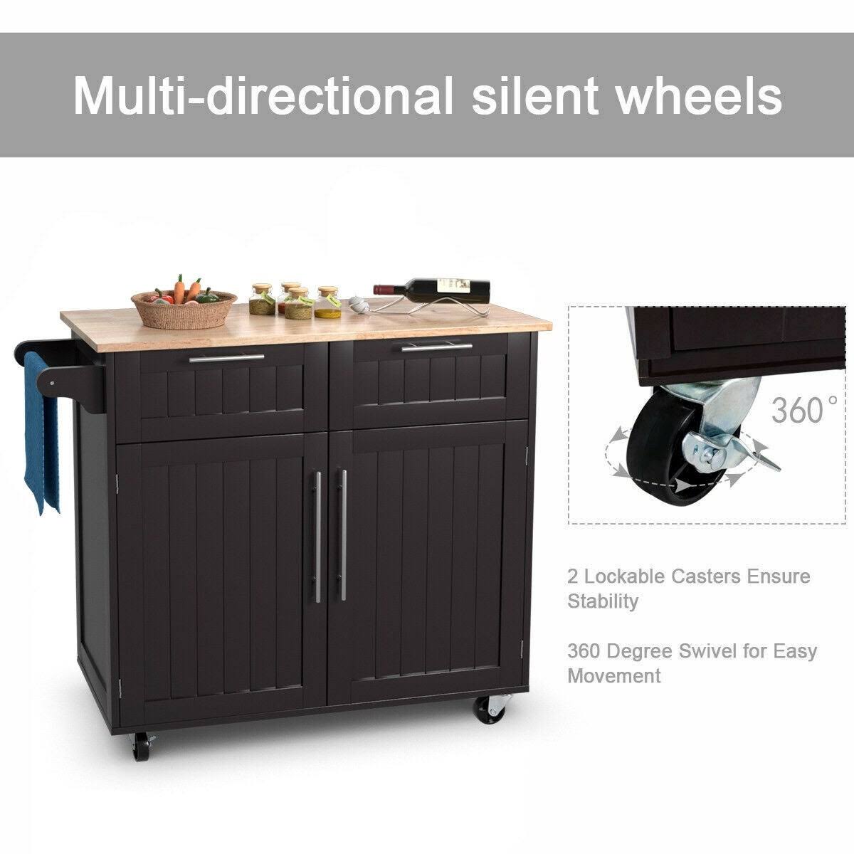 Costway Rolling Kitchen Cart Island Heavy Duty Storage Brown Trolley - See Details - Wood