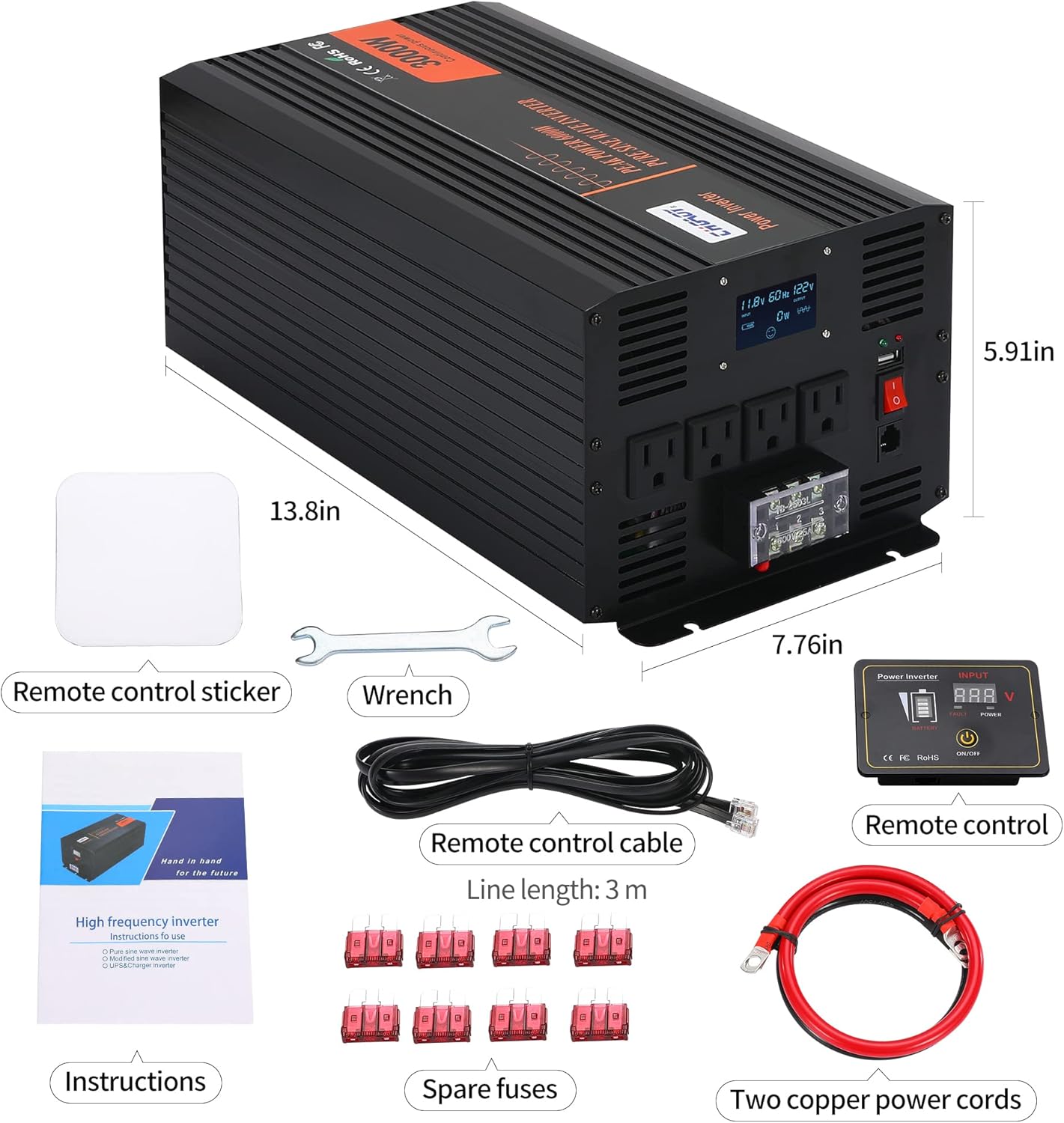 Power Inverter, 2000W Pure Sine Wave Inverter DC 12V to AC 120V Car Inverter with LCD Digital Display Remote Control USB Port Power Converter for Travel/Camping