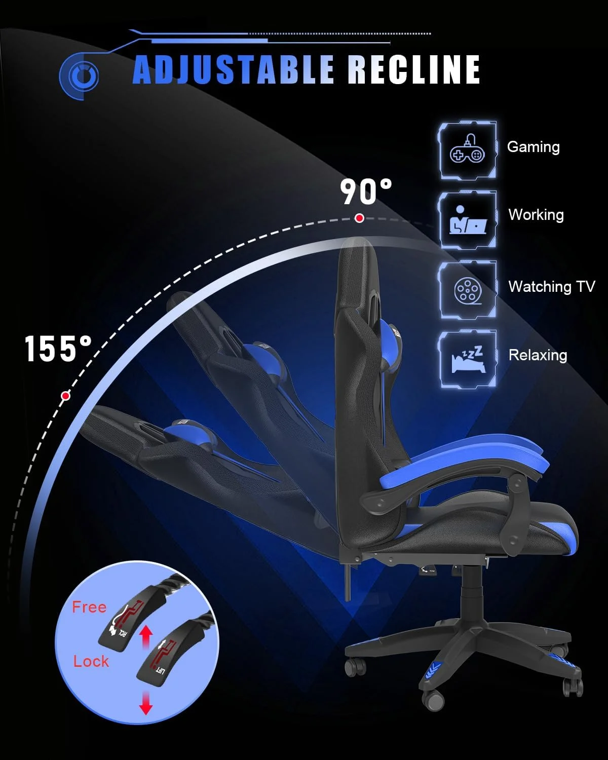 Bigzzia RGB Gaming Chair with LED Lights and Ergonomic Gaming Chair Reclining PU Leather High Back Game Chair with Headrest Adjustable Lumbar Support Linkage Armrest for Adults (Black/Blue) - Curated Treasures Market