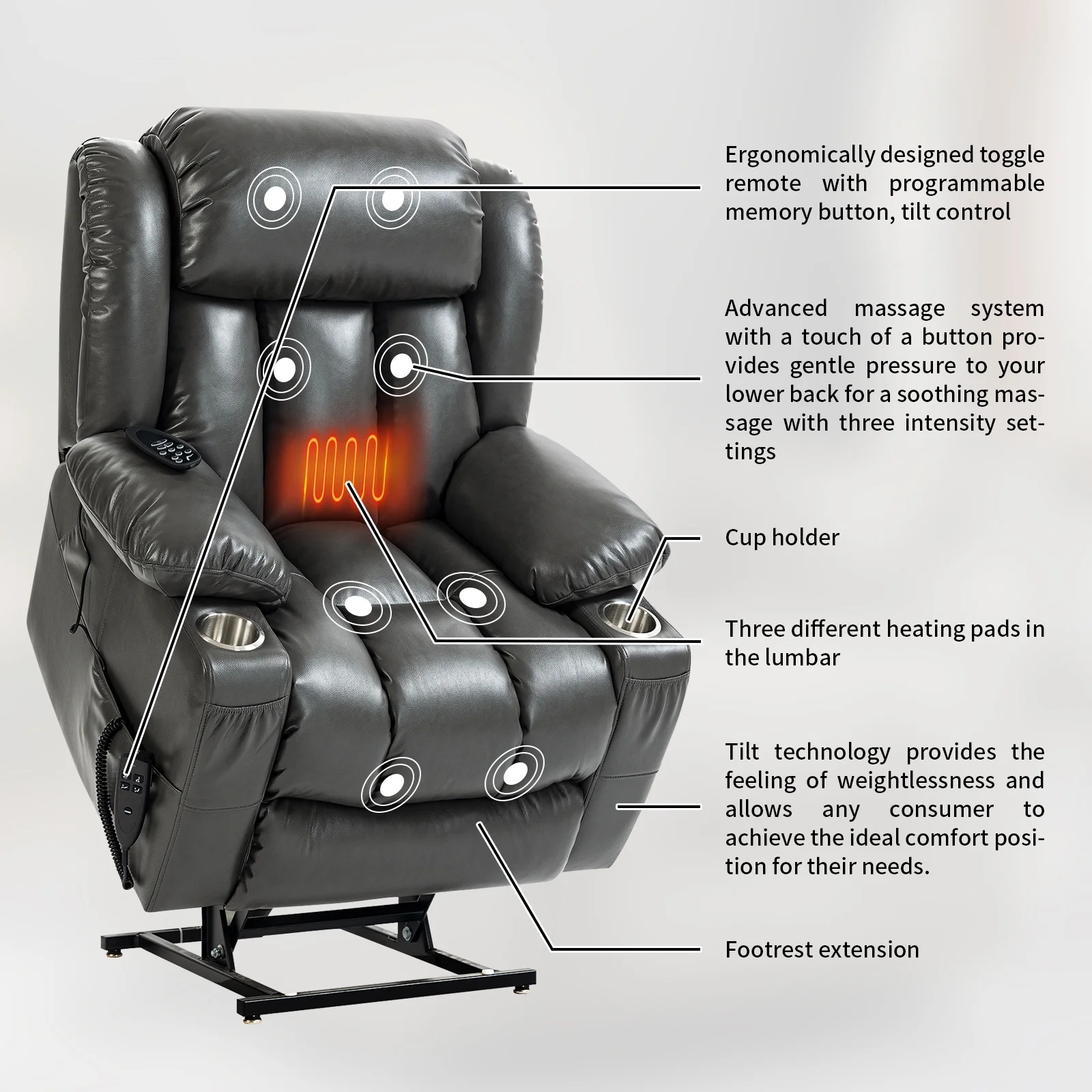 Lay Flat Dual Motor Power Lift Recliner Chair, Electric Power Lift Recliner with Massage, Home Theater Seating with Cup Holders, Massage Recliner Chair for Living Room, Bedroom, Gray