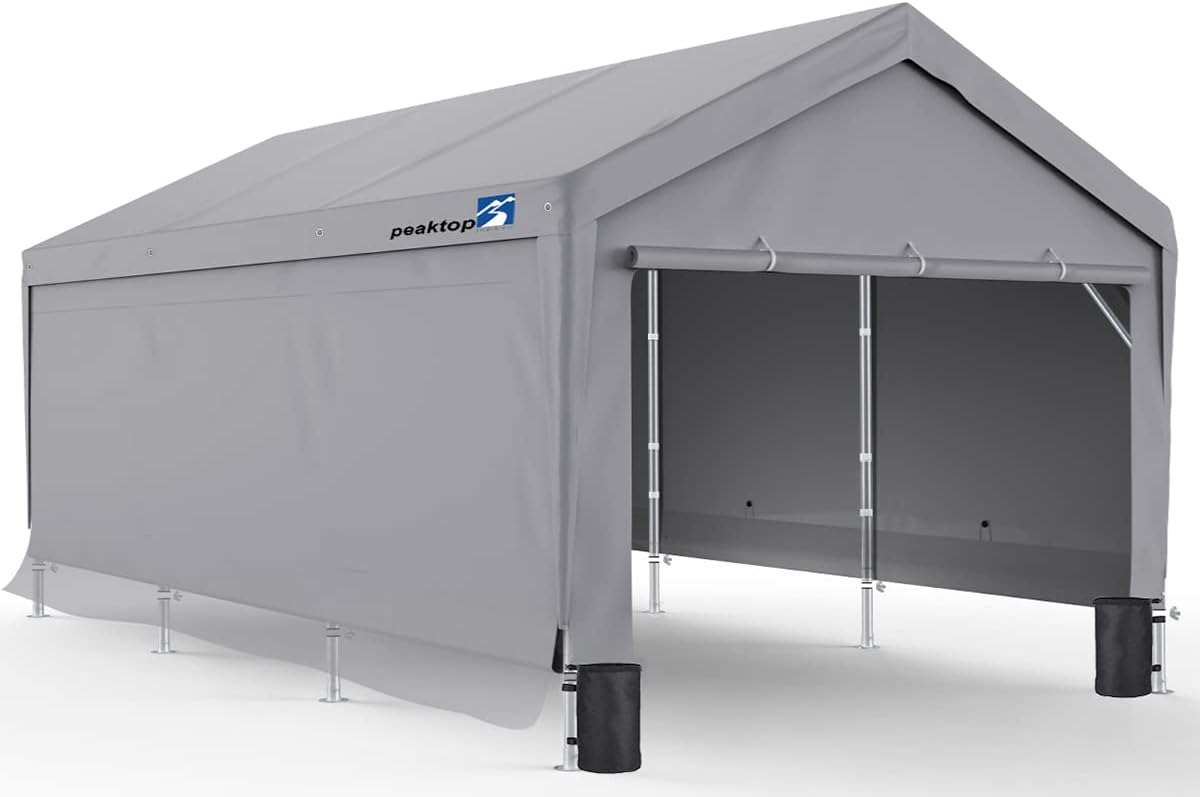 PEAKTOP OUTDOOR 10x20ft Upgraded Heavy Duty Carport with Adjustable Heights from 9.5ft to 11ft,Portable Car Canopy with Removable Sidewalls, Garage Tent, Boat Shelter with Reinforced Triangular Beams