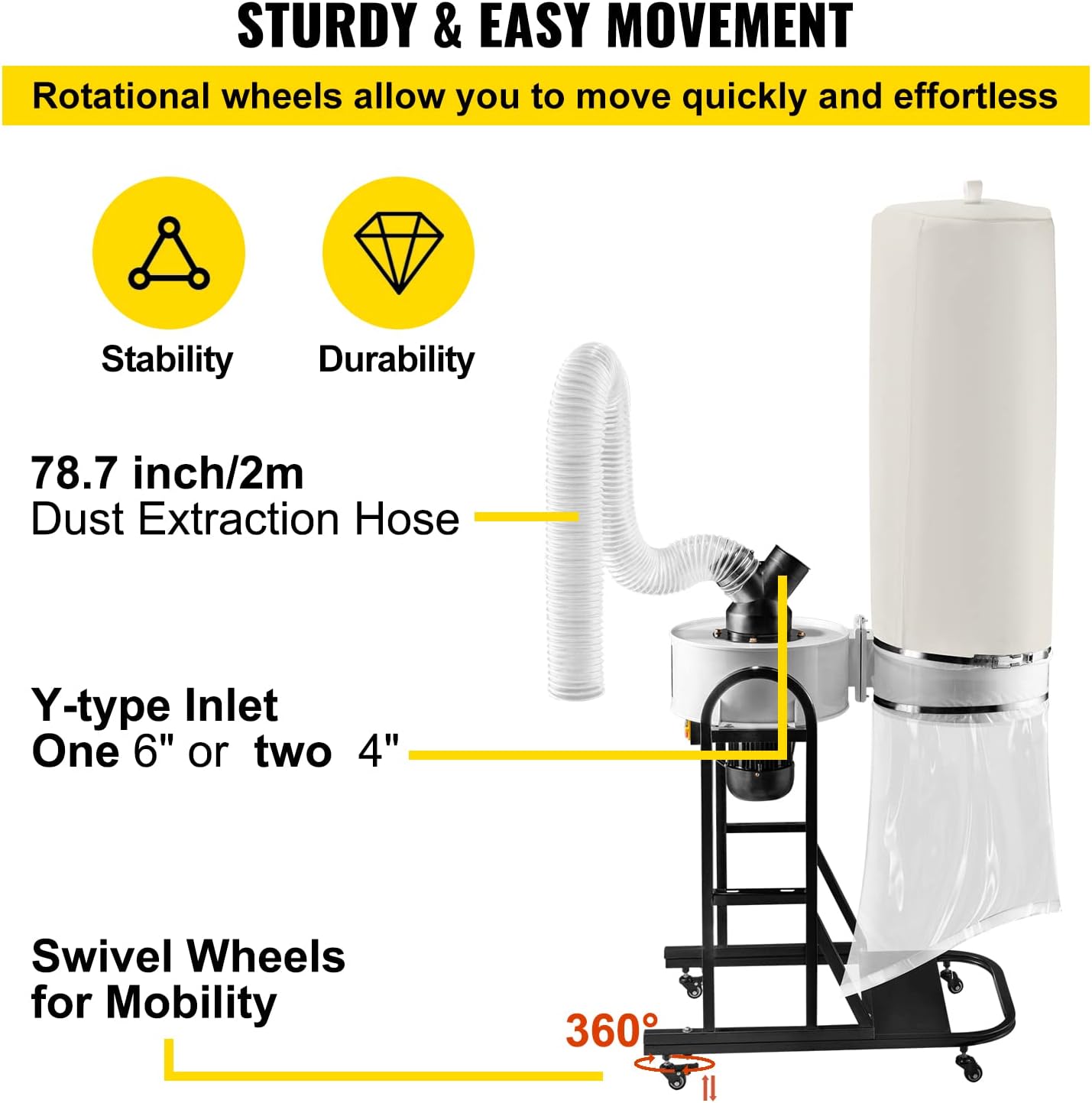 VEVOR 1.5 HP Dust Collector, 647 CFM Portable Vortex Dust Collector, Woodworking Dust Collector with 13.2-Gallon Collection Bag and Mobile Base, 220V Dust Collection System 25-Micron Canister Kit