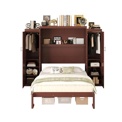 KLMM Wooden Murphy Bed Wall Bed with 2 Wardrobe and Storage Shelf,Foldable Platform Bedframe for Guest-Room Bedroom Study Office Use (White#E, Full)