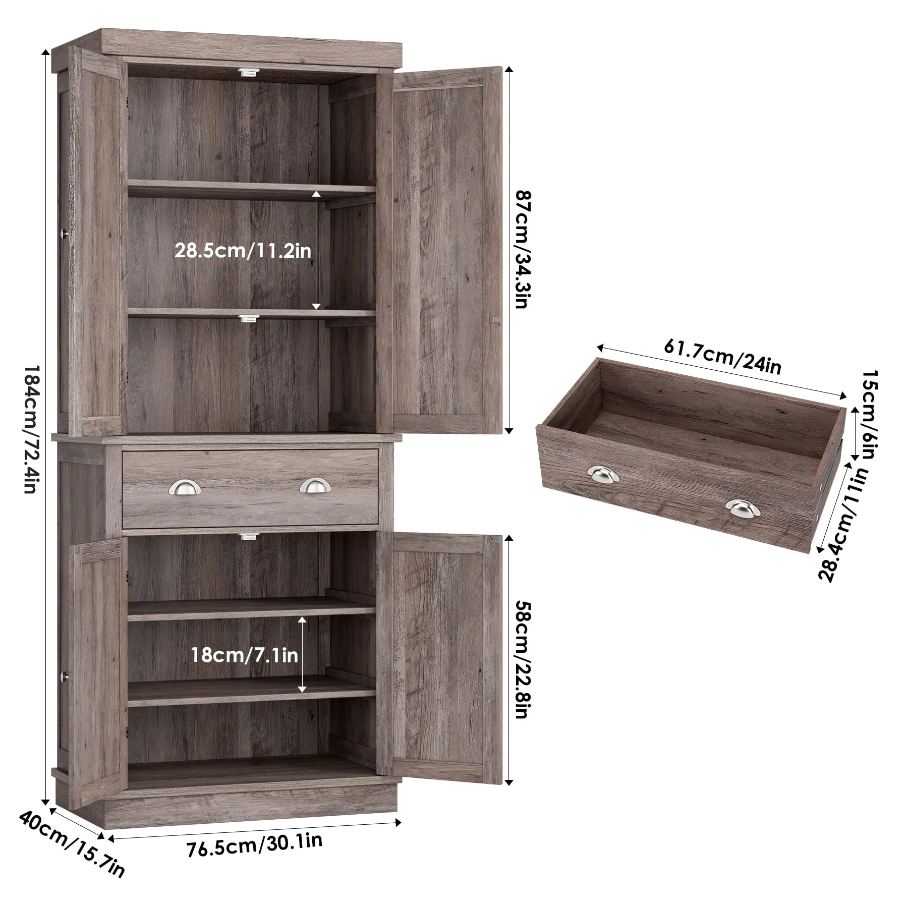 Homfa 72.4'' Tall Kitchen Pantry with 4 Doors, Large Drawer Shelves Wood Storage Cabinet for Dining Room Living Room, White