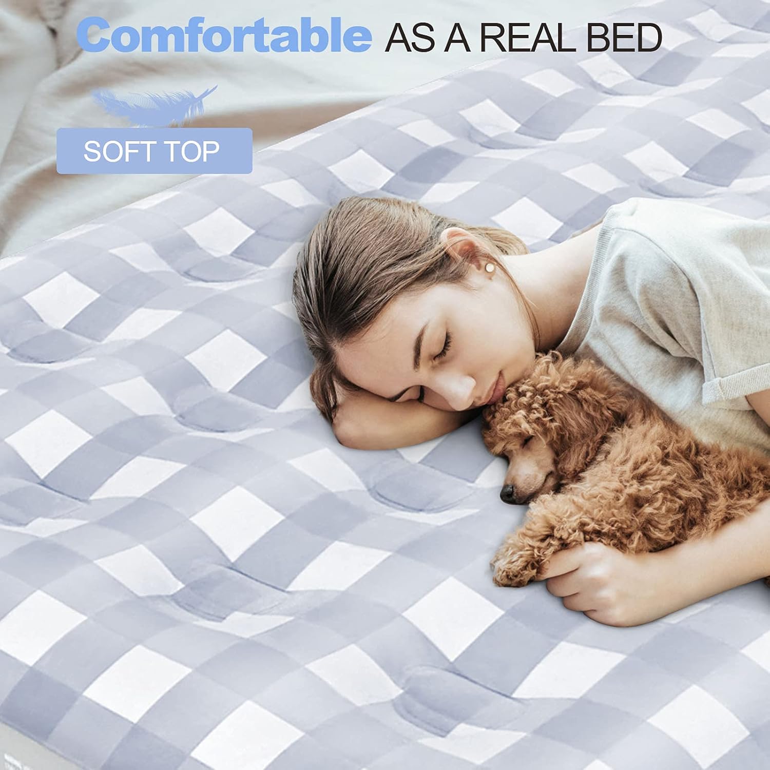Giftway Queen Air Mattress Air Bed - Upgraded Inflatable Air Mattresses with Flocked Top Waterproof Cover Repair Kit -Foldable Blow Up Bed for Camping/Home/Guest/Travel - Housewarming Gifts for Family