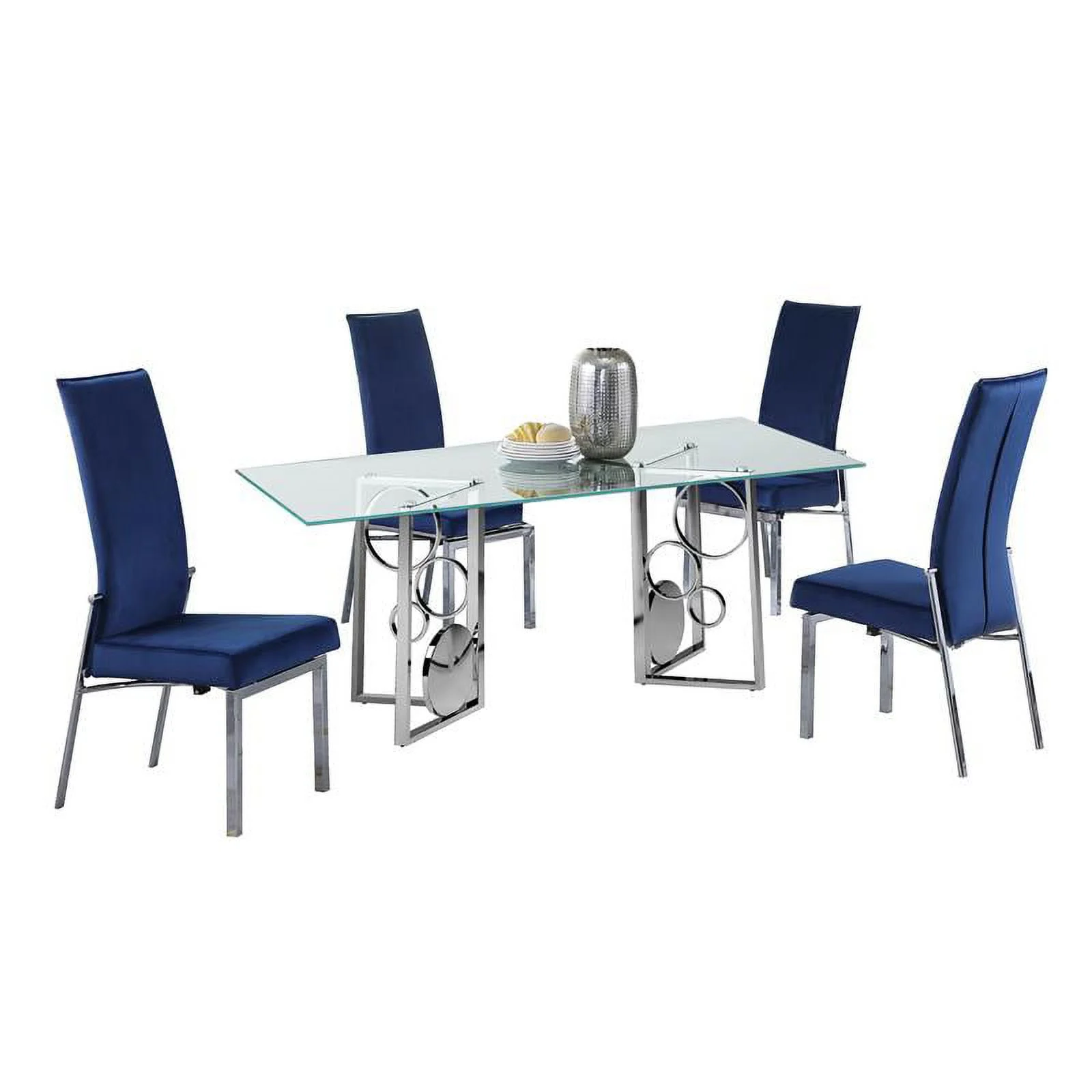 Milan Brunette Dining Set with 60" Glass Top Table & 4 Blue Motion-back Chairs